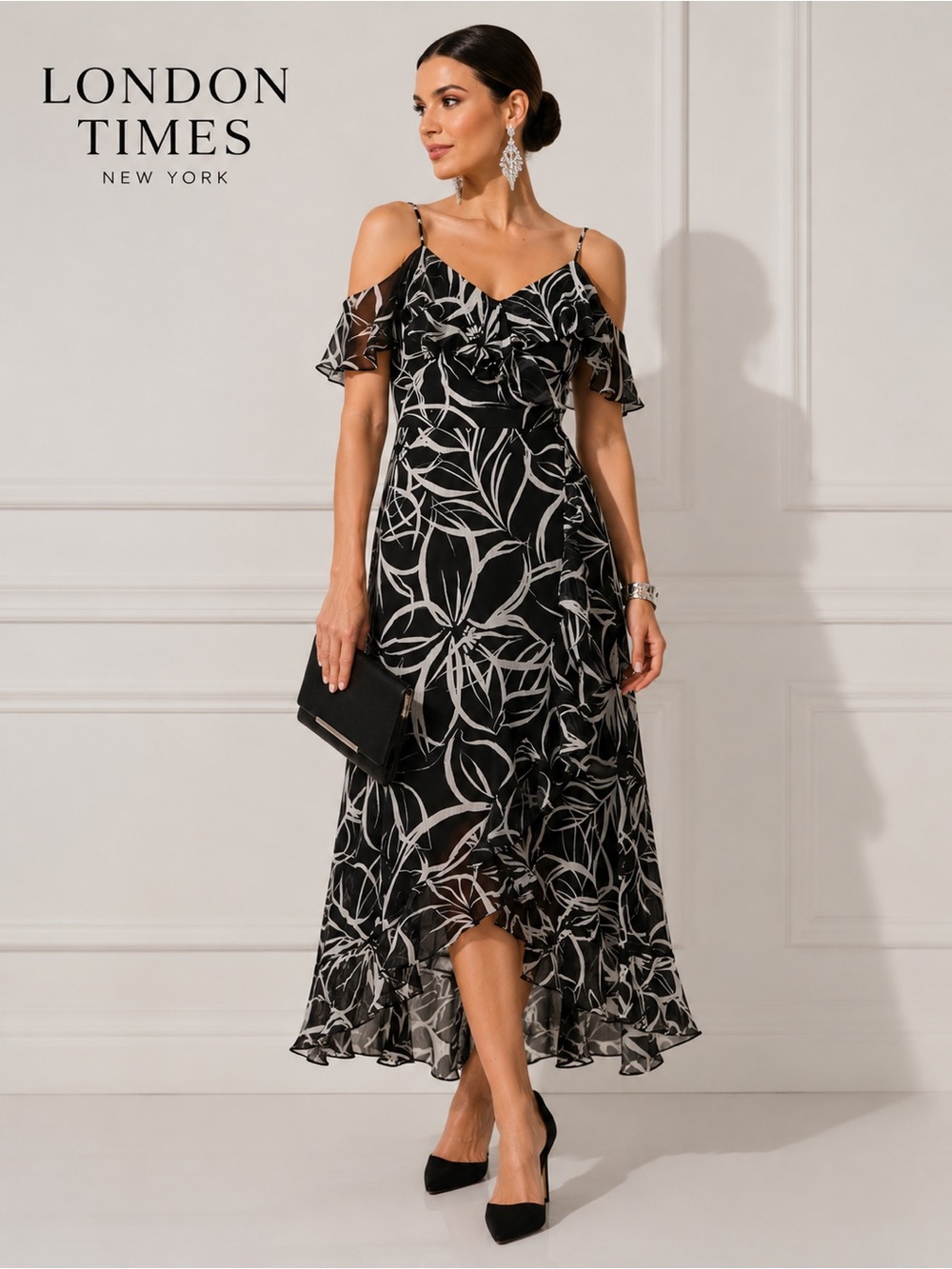 London Times Black White Cold-Shoulder High-Low Floral Maxi Dress NWT Size 12 C7